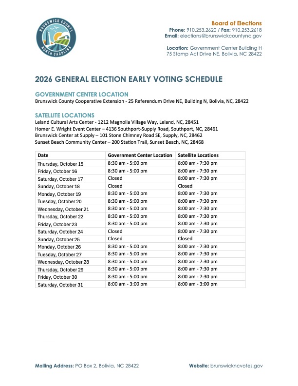 Brunswick County 2026 General Election Early Voting Schedule